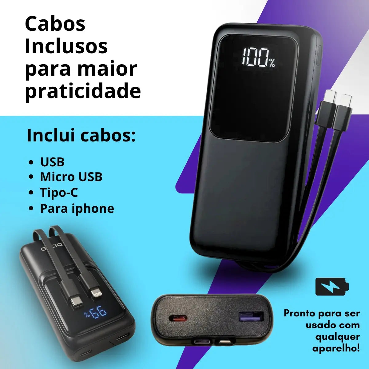 Power Bank 20.000mAh Turbo 22,5W Carregamento Rápido Universal para iPhone, Samsung, Xiaomi e Motorola