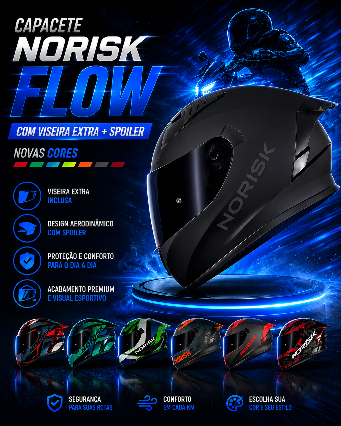 Capacete Norisk Flow Com Viseira Extra + Spoiler | Novas Cores