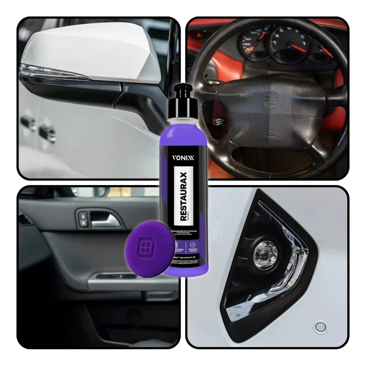 Kit Restaurax Vonixx 240ml + Aplicador Zacs | Renovador de Plásticos Automotivos
