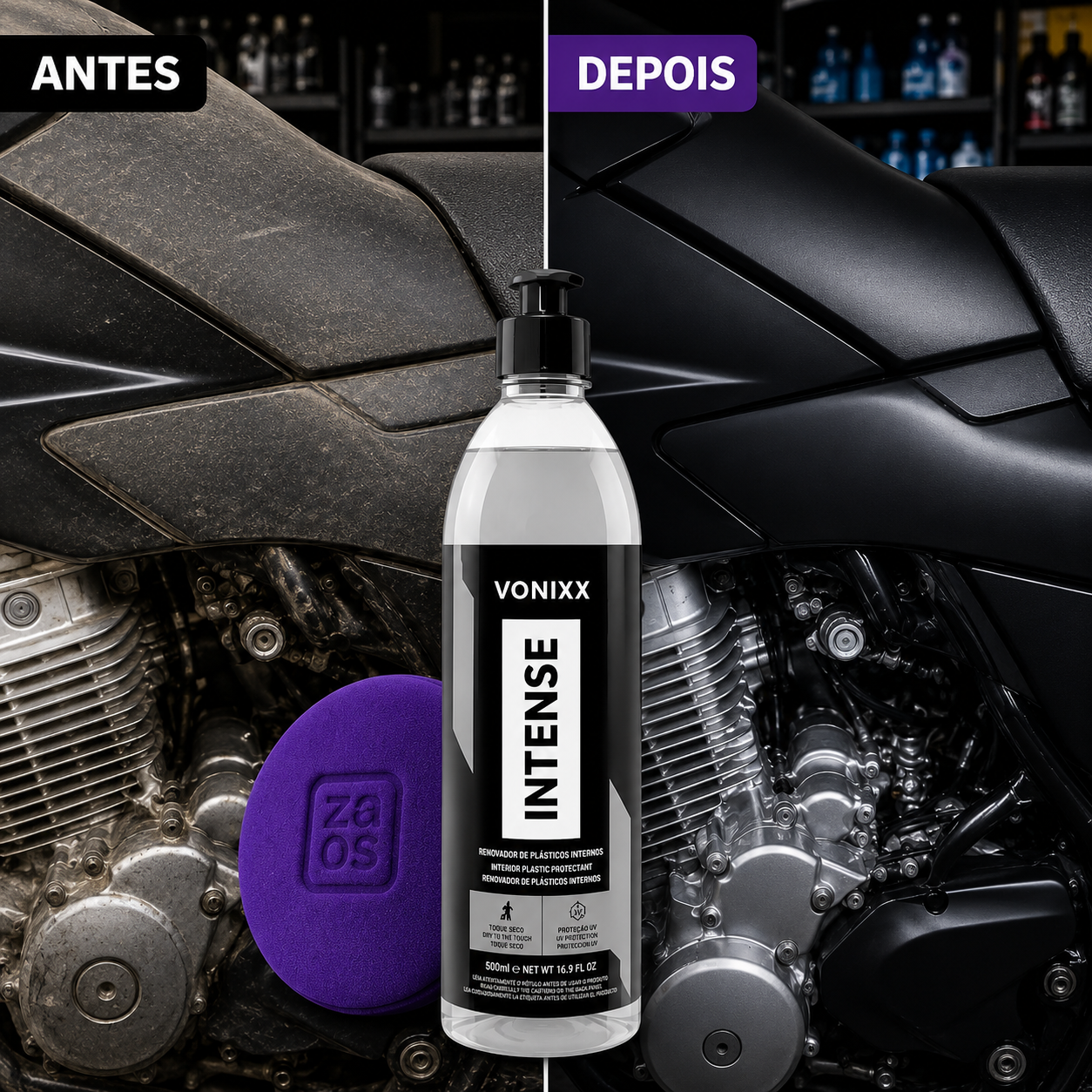 Vonixx Intense 500ml com Aplicador | Renova Carenagens e Plásticos da Moto com Acabamento Original